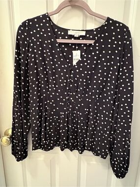 LOFT Black Polka Dot V-Neck Long Sleeve Top NWT